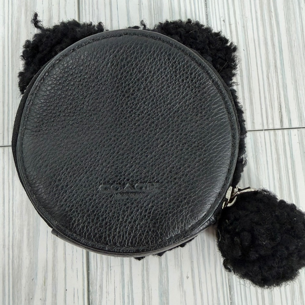 Coach Raccoon Coin Purse Black Pebbled Leather Shearling Pom Pom Wallet - Picture 4 of 7